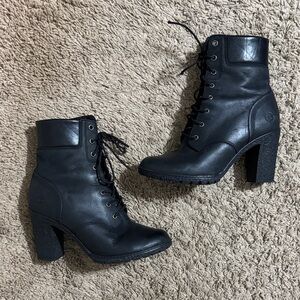 Timberland Black Lace-Up Ankle Combat Boots Block Heel Size 8 Streetwear Retro